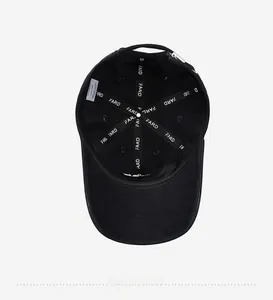 Detail of the 100% cotton inner lining and branded tape of the black baseball cap