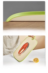 Detail of non-slip frosted surface and elevated design on food-grade cutting board