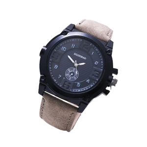 Men's quartz watch with matte black case, horizontal textured dial and khaki leather strap