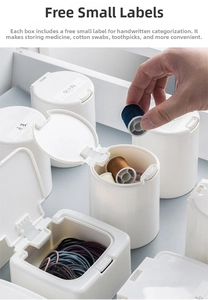 Detailed top view of mini desk organizers with pop-up lids for sewing threads and hair ties