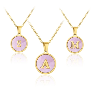 Golden stainless steel letter necklaces with pink shell inlay pendants S, A, and M