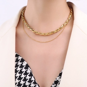 Double layer hip hop snake bone chain in 18K gold plated titanium steel on neck