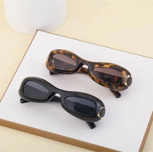 Detailed macro view of oval sunglasses with gold hinge accents and model number LH063