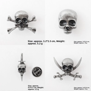 Detailed size and weight specs for four gothic skull and sword brooches set