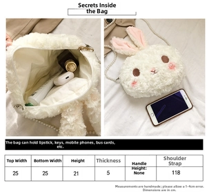 Detailed size chart for the cute white bunny plush bag with pearl chain strap information