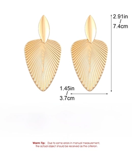 Detailed technical diagram of golden leaf earrings showing 7.4cm height and 3.7cm width