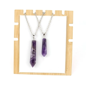 Natural amethyst hexagonal crystal pendants in two sizes with silver chain necklaces