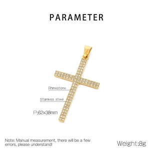 Detailed view of hip hop cross pendant in gold finish with crystal inlay, 62x38mm size
