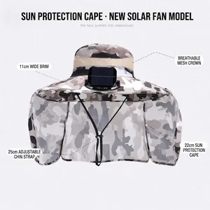 Chapeau de soleil camouflage avec ventilateur solaire et protège-nuque pour la pêche