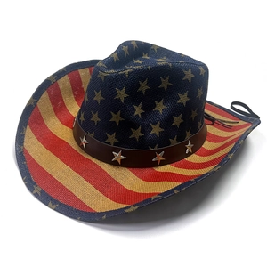 Hand-painted American flag straw cowboy hat with leather band and silver star rivets