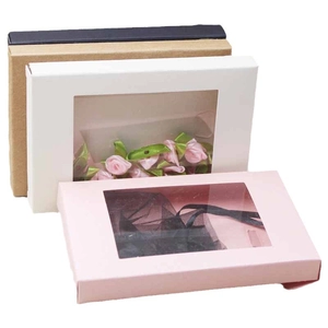 Kraft paper gift boxes with PVC windows in pink, white, and black colors for jewelry