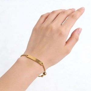Adjustable gold minimalist rectangle bar bracelet with bead chain and slider clasp