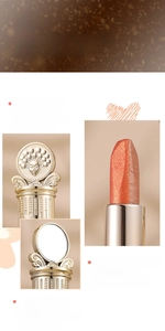 Detail of dual-color glitter eyeshadow stick with golden relief case and mirror