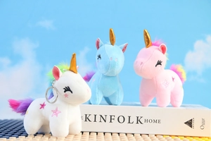 Portachiavi unicorno in peluche bianco blu e rosa con criniera arcobaleno e corna
