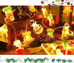 Detail of warm white LED Christmas string lights with Santa, Snowman and tree shapes