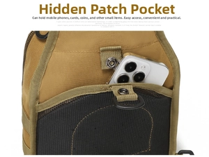Tactical chest bag back view showing hidden pocket with button and mesh lining