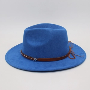 Close-up of blue fedora hat with star charm and studded leather band detail