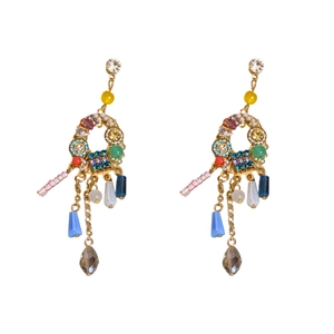 Boucles d'oreilles bohèmes en perles de cristal avec pompons colorés et strass dorés