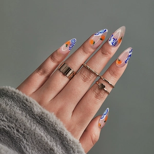 Long Almond Press On Nails Orange Fruit Blue Leaf Design Full Cover Artificial Fake Nails For Women Plastic