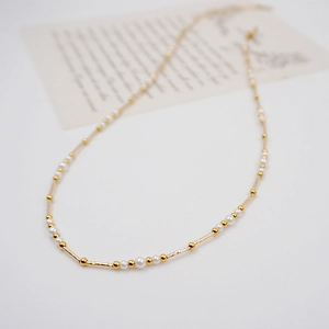 French vintage small pearl necklace with gold beads and tubes for elegant layering