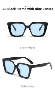 Detail view of black square sunglasses with light blue lenses from front and side angles