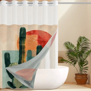 Detail of waterproof cactus shower curtain with modern abstract art and metal grommets