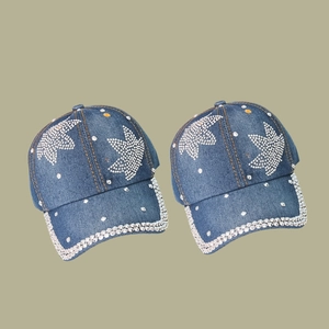 Denim blue baseball cap with sparkling rhinestone leaf design for street fashion