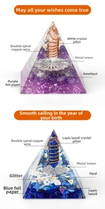 Macro view of amethyst and lapis lazuli crystal pyramids with internal copper coils