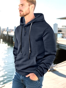 Detailed waffle texture and button neckline of this navy blue casual hoodie for men