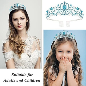 Silver birthday crown with blue rhinestones shown on both adults and children for size detail