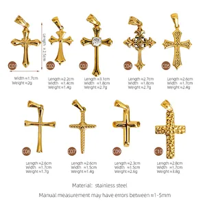 Size chart showing dimensions and weight for 18K gold plated stainless steel cross pendants
