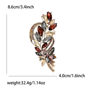 Elegant gold crystal wheat brooch with colorful rhinestones measuring 8.6cm by 4.0cm