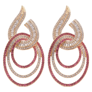 Elegant gold geometric earrings with pink and white crystal rhinestones for women