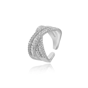Modern silver X-shaped layered open ring with sparkling round and baguette cubic zirconia