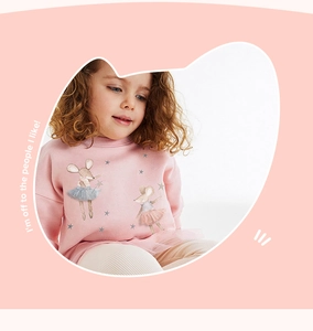 Detail of pink cotton sweatshirt featuring cute cartoon mice with tutu and ribbed cuffs