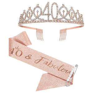 Close-up of rose gold 40th birthday set including rhinestone tiara and pink glitter sash