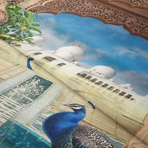 Detailed macro shot of high-density digital peacock print on soft velvet tapestry fabric