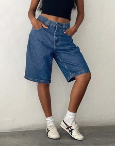 Detail of vintage blue denim shorts showing pockets, belt loops and button closure
