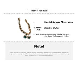 Detailed view of emerald green jewelry set with exact dimensions and 31.4g weight