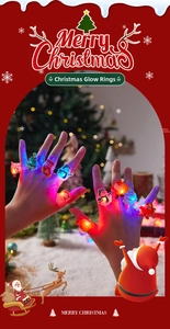 Close-up of LED Christmas rings with Santa, snowman and tree designs on fingers