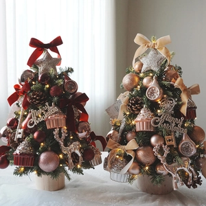 Mini desktop Christmas tree set with velvet bows and LED lights for festive holiday decor