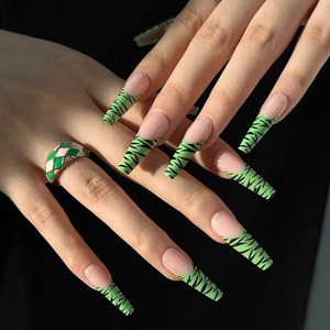 Long Coffin Press On Nails Glossy French Green Tiger Print Fake Nails Fashion Artificial Fingernails For Women