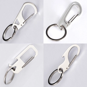 Detail view of four 304 stainless steel carabiner keychains with multi-tool functions