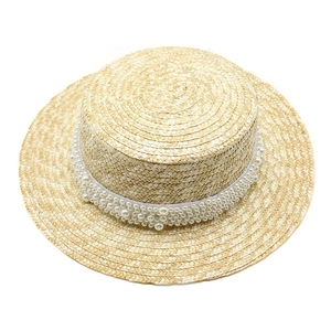 Chapeau de paille à toit plat avec triple rangée de perles pour protection solaire d'été