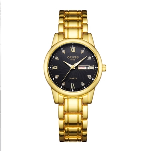 Classic gold quartz watch for women with black dial and Roman numeral crystal markers