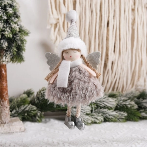 Plush Christmas angel ornament with gray dress and white knitted hat for festive decor