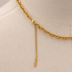 Detailopname van gouden roestvrijstalen ketting met gegraveerd S.steel label