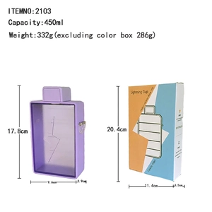 Purple rectangular 450ml plastic water bottle with lightning logo and packaging box