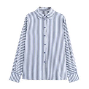 Women's blue and white striped long sleeve button down casual shirt in minimalist style