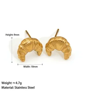 Golden croissant-shaped stainless steel earrings with dimensions and weight specs